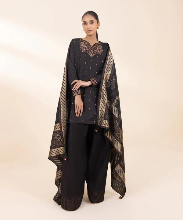 RARE- 3PC DHANAK EMBROIDERED SHIRT WITH WOOL PRINT SHAWL AND TROUSER-3372