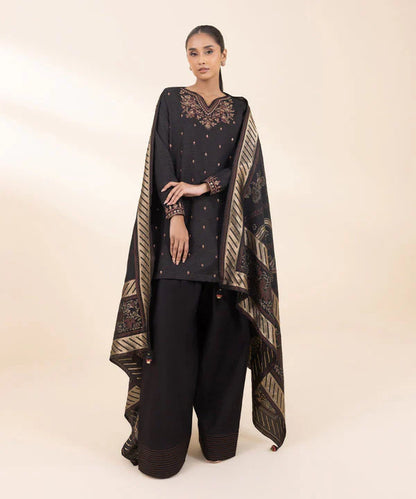 RARE- 3PC DHANAK EMBROIDERED SHIRT WITH WOOL PRINT SHAWL AND TROUSER-3372