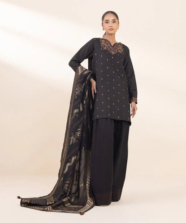 RARE- 3PC DHANAK EMBROIDERED SHIRT WITH WOOL PRINT SHAWL AND TROUSER-3372