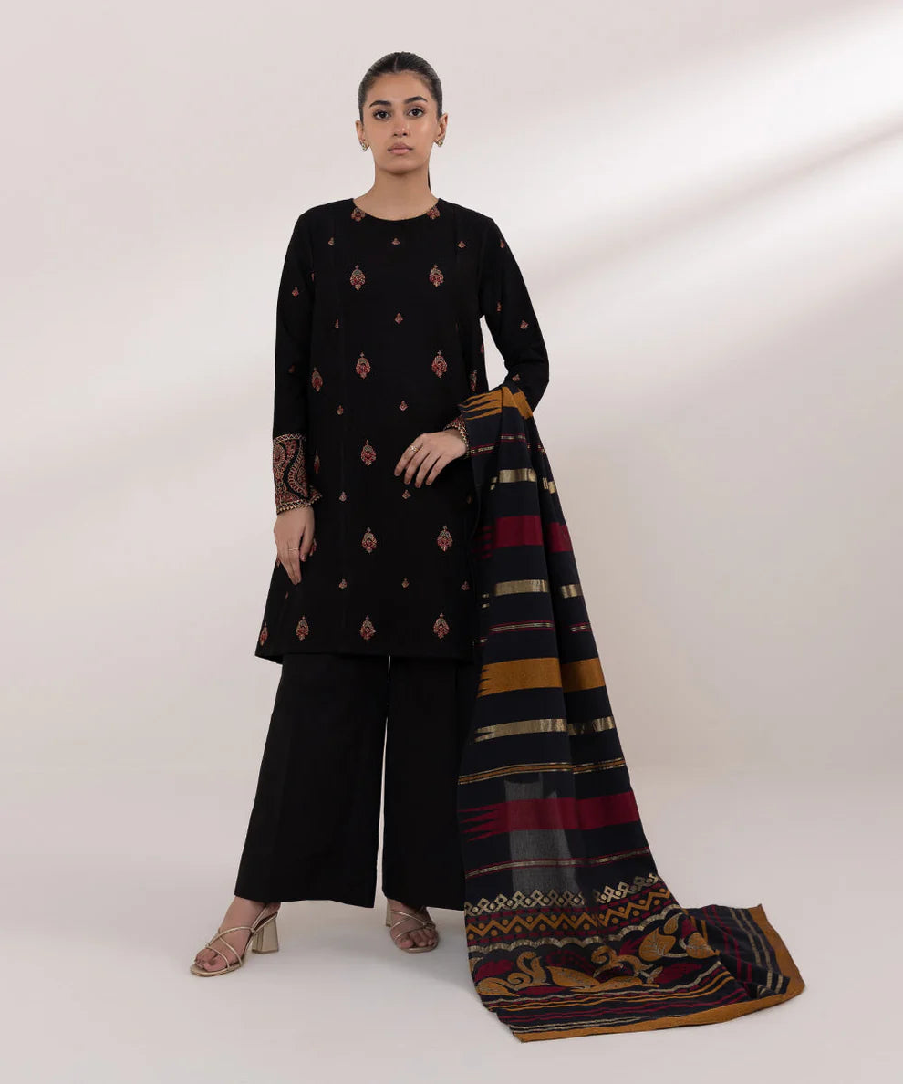 RARE- 3PC DHANAK EMBROIDERED SHIRT WITH WOOL PRINT SHAWL AND TROUSER-3296