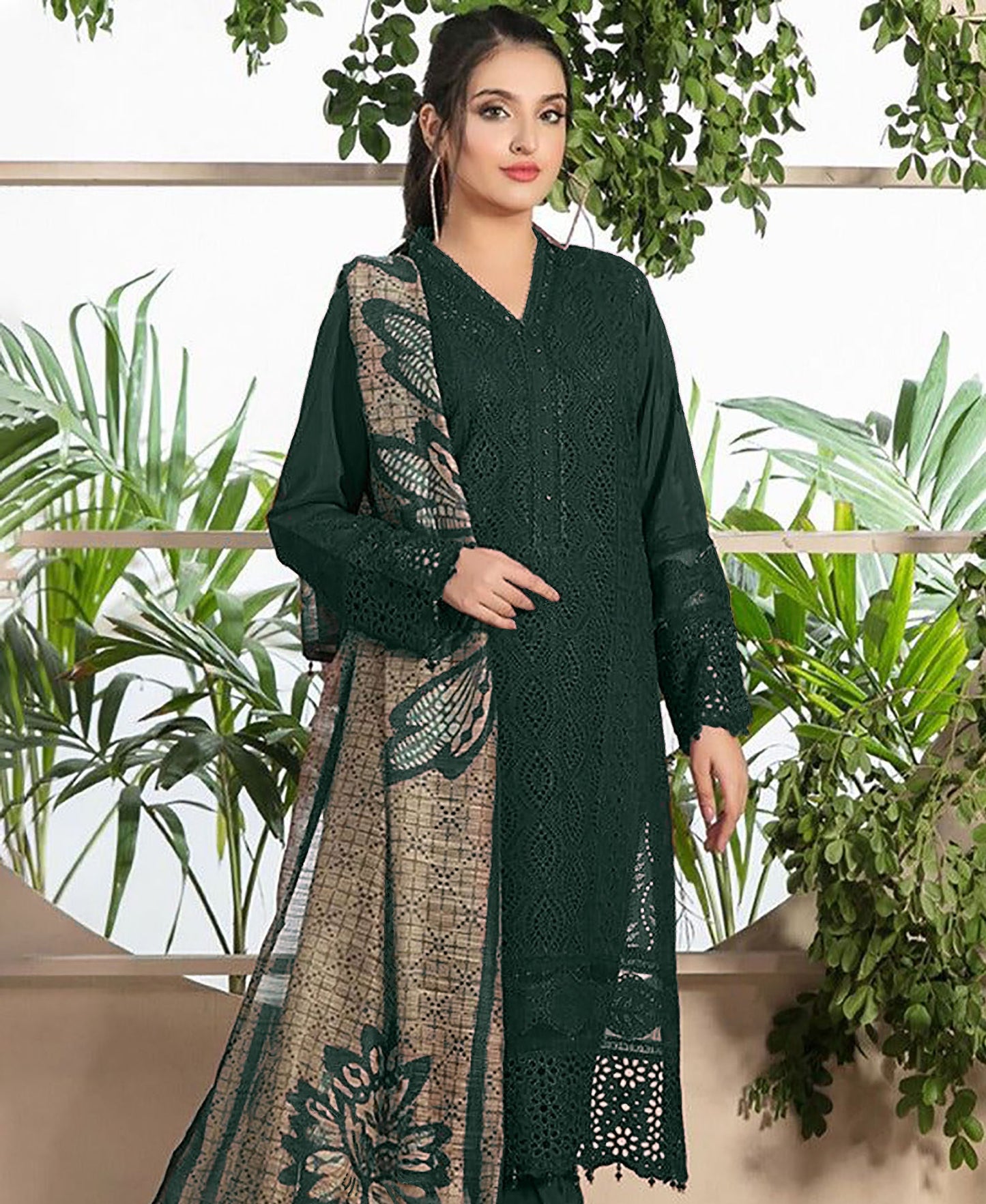 RARE-3PC CHIKANKAARI LAWN EMBROIDERED SHIRT WITH MONARK PRINT DUPATTA AND TROUSER-4052 MUNGIYA