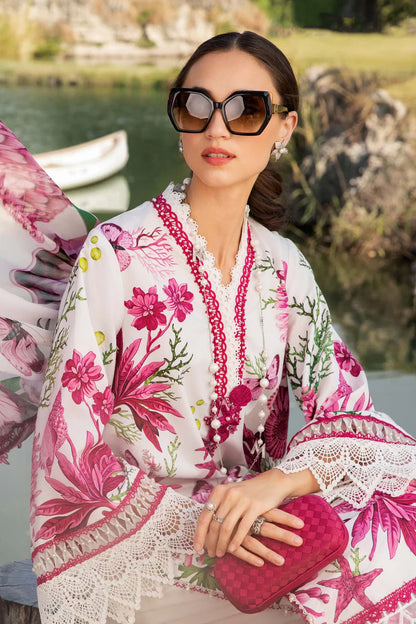 RARE-3PC LAWN EMBROIDERED PRINTED SHIRT WITH CHIFFON PRINT DUPATTA AND PRINT TROUSER-2