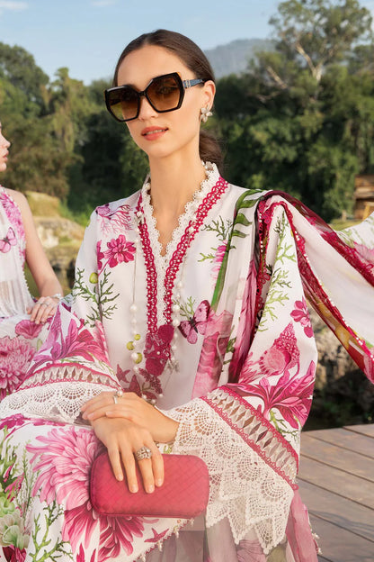 RARE-3PC LAWN EMBROIDERED PRINTED SHIRT WITH CHIFFON PRINT DUPATTA AND PRINT TROUSER-2