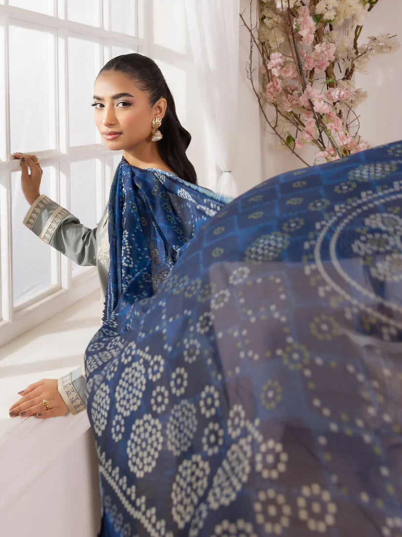 RARE-3PC LAWN EMBROIDERED SHIRT WITH MONARK PRINTED DUPATTA AND TROUSER-3741