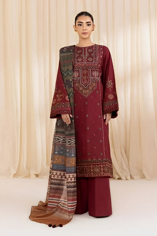 RARE-3PC LAWN EMBROIDERED SHIRT WITH MONARK PRINTED DUPATTA AND TROUSER-3746