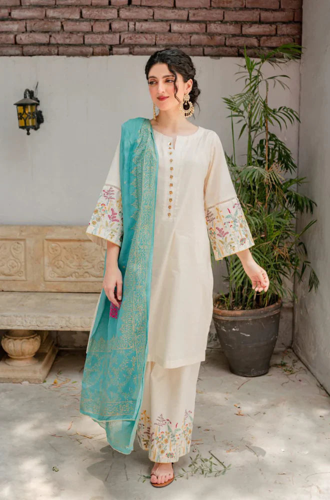 RARE - 3PC DHANAK EMBROIDERED SHIRT WITH COUTURE WOOL PRINT SHAWL AND TROUSER-3116