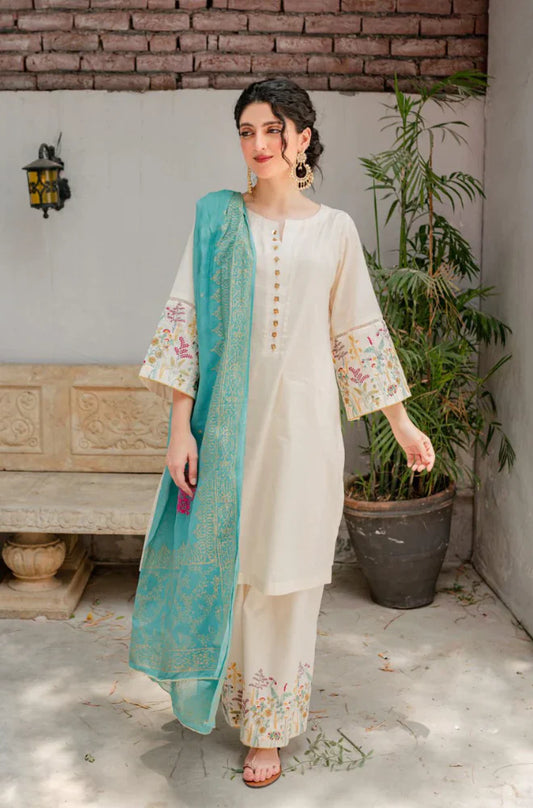 RARE - 3PC DHANAK EMBROIDERED SHIRT WITH COUTURE WOOL PRINT SHAWL AND TROUSER-3116