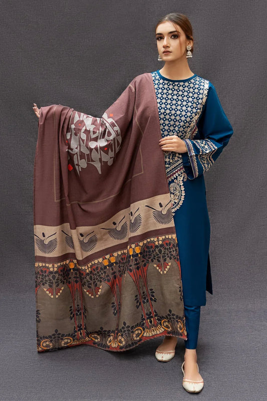 RARE- 3PC DHANAK EMBROIDERED SHIRT WITH COUTURE WOOL PRINTED SHAWL AND TROUSER-3111