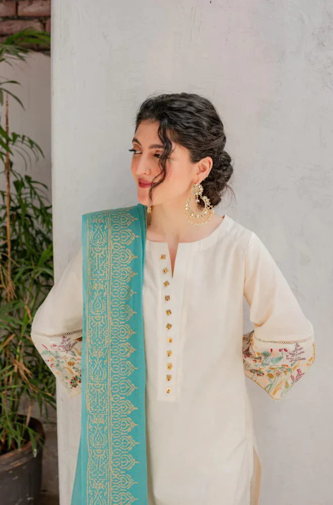 RARE - 3PC DHANAK EMBROIDERED SHIRT WITH COUTURE WOOL PRINT SHAWL AND TROUSER-3116