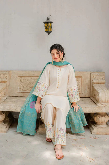 RARE - 3PC DHANAK EMBROIDERED SHIRT WITH COUTURE WOOL PRINT SHAWL AND TROUSER-3116