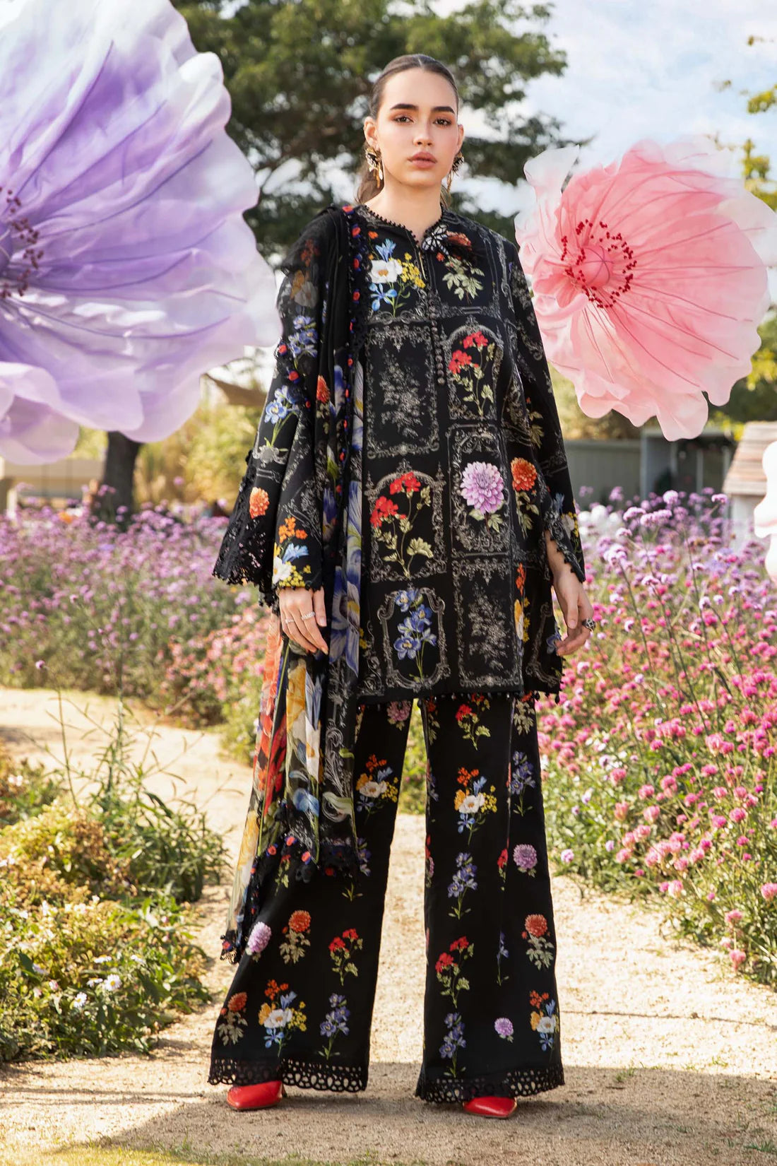 RARE-3PC LAWN EMBROIDERED PRINTED SHIRT WITH CHIFFON PRINT DUPATTA AND PRINT TROUSER-2521