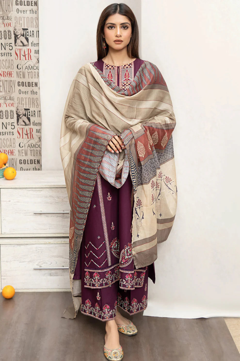 RARE- 3PC DHANAK EMBROIDERED SHIRT WITH COUTURE PRINT SHAWL AND EMB TROUSER-3216