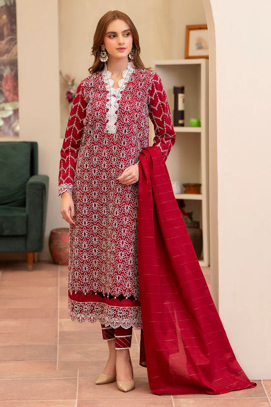 RARE-3PC LAWN CHIKENKARI EMBROIDERED SHIRT WITH LAWN TUBE SLUB DUPATTA-