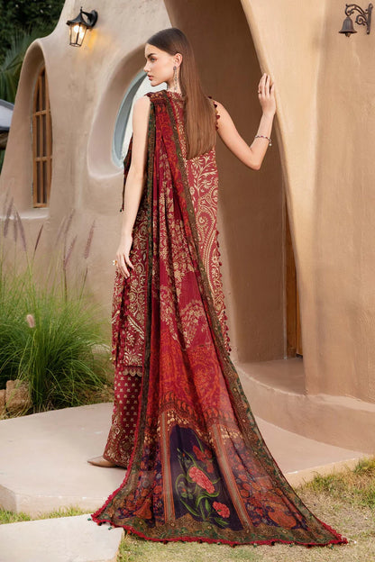RARE-3PC LAWN EMBROIDERED PRINTED SHIRT WITH CHIFFON PRINT DUPATTA AND PRINT TROUSER-2518