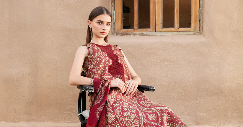 RARE-3PC LAWN EMBROIDERED PRINTED SHIRT WITH CHIFFON PRINT DUPATTA AND PRINT TROUSER-2518