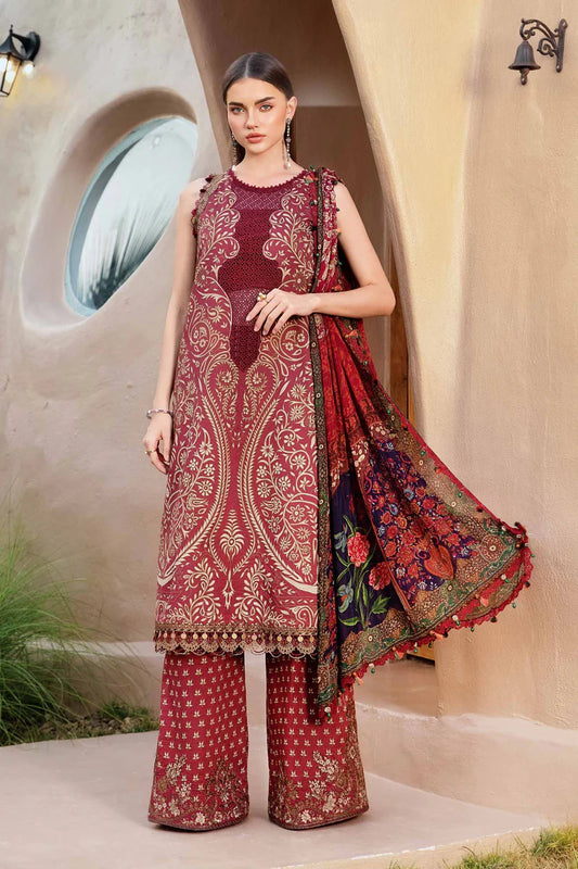 RARE-3PC LAWN EMBROIDERED PRINTED SHIRT WITH CHIFFON PRINT DUPATTA AND PRINT TROUSER-2518