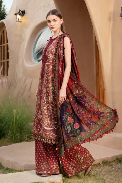 RARE-3PC LAWN EMBROIDERED PRINTED SHIRT WITH CHIFFON PRINT DUPATTA AND PRINT TROUSER-2518