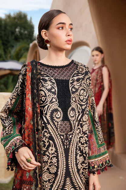 RARE-3PC LAWN EMBROIDERED PRINTED SHIRT WITH CHIFFON PRINT DUPATTA AND PRINT TROUSER-2517