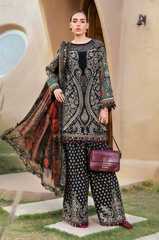 RARE-3PC LAWN EMBROIDERED PRINTED SHIRT WITH CHIFFON PRINT DUPATTA AND PRINT TROUSER-2517
