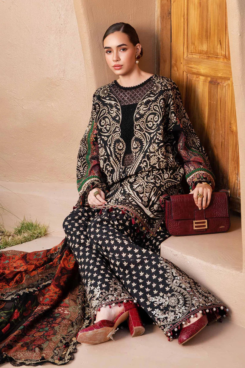 RARE-3PC LAWN EMBROIDERED PRINTED SHIRT WITH CHIFFON PRINT DUPATTA AND PRINT TROUSER-2517