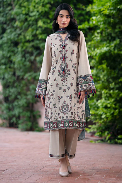 RARE-3PC DHANAK EMBROIDRED SHIRT WITH WOOL PRINT SHAWL AND TROUSER-3315