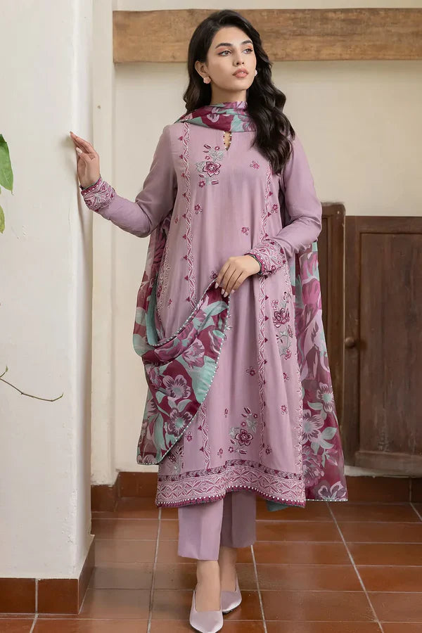 RARE - 3PC DHANAK EMBROIDERED SHIRT WITH WOOL PRINTED SHAWL AND TROUSER-3285