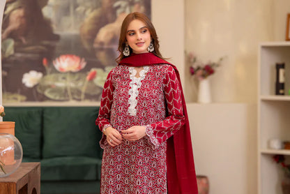 RARE-3PC LAWN CHIKENKARI EMBROIDERED SHIRT WITH LAWN TUBE SLUB DUPATTA-