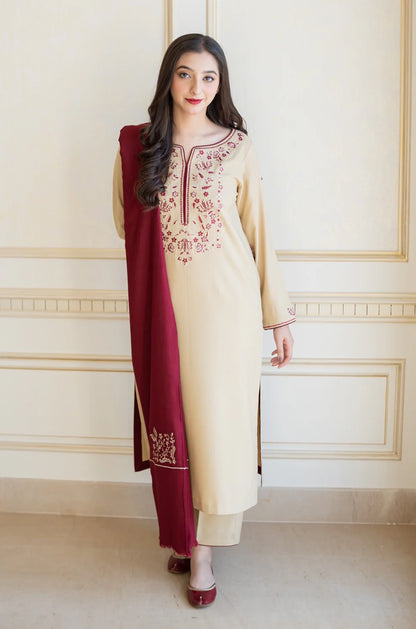 RARE AISLING - 3PC DHANAK EMBROIDERED SHIRT WITH EMBROIDERED DHANAK SHAWL AND TROUSER-3131