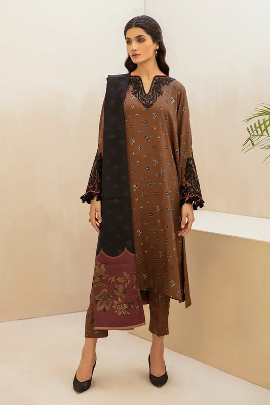 RARE - 3PC KARANDI PRINTED EMBROIDERED SHIRT WITH KARANDI PRINTED SHAWL AND KARANDI PRINTED TROUSER-RARE-1151