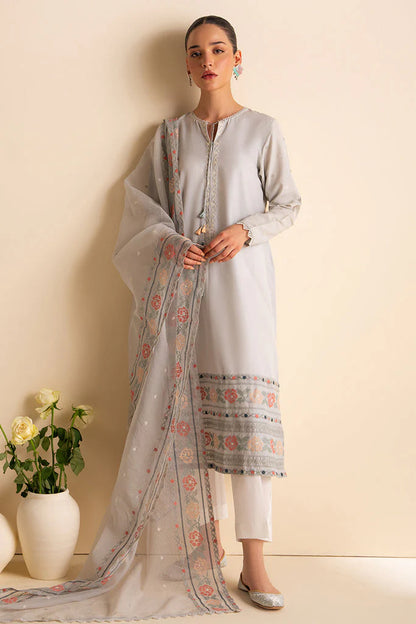 RARE-3PC DHANAK EMBROIDERED SHIRT WITH ORGANZA EMBROIDRED DUPATTA AND TROUSER-3205