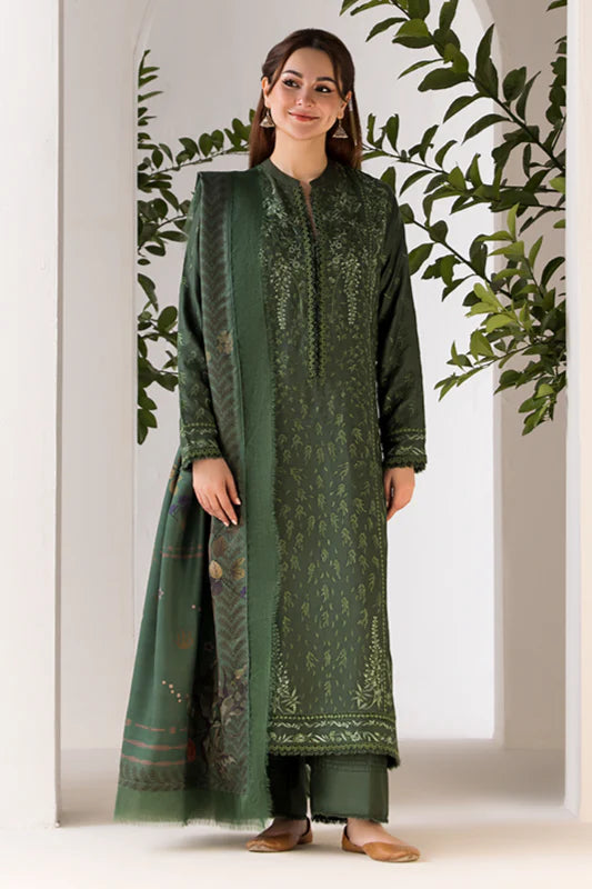 RARE- 3PC DHANAK EMBROIDERED SHIRT WITH WOOL PRINT SHAWL AND TROUSER-3356