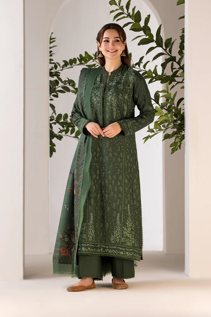 RARE- 3PC DHANAK EMBROIDERED SHIRT WITH WOOL PRINT SHAWL AND TROUSER-3356