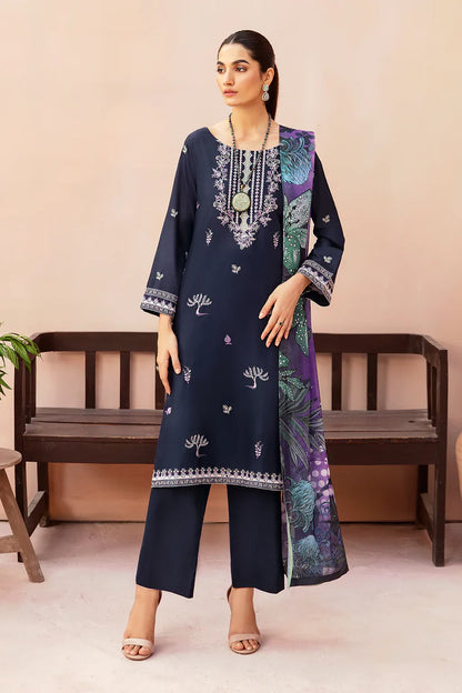 RARE-3PC DHANAK EMBROIDERED SHIRT WITH COUTURE PRINTED SHAWL & TROUSER-3323