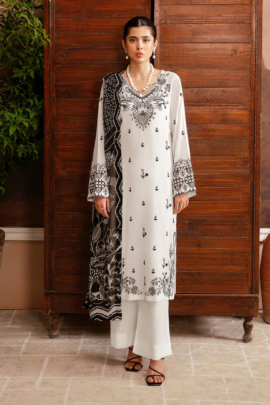 RARE-3PC DHANAK EMBROIDERED SHIRT WITH COUTURE PRINTED SHAWL & TROUSER-3385