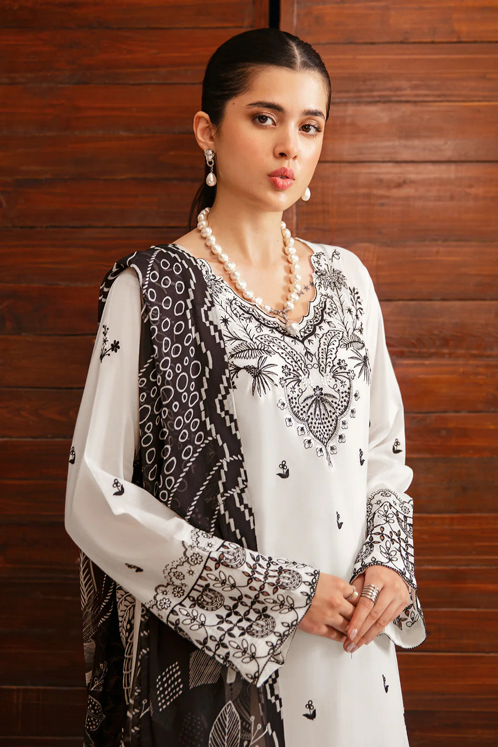 RARE-3PC DHANAK EMBROIDERED SHIRT WITH COUTURE PRINTED SHAWL & TROUSER-3385