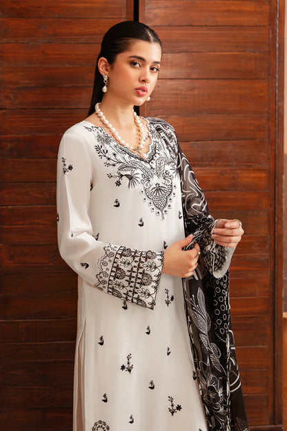 RARE-3PC DHANAK EMBROIDERED SHIRT WITH COUTURE PRINTED SHAWL & TROUSER-3385