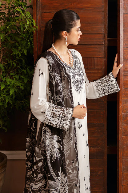 RARE-3PC DHANAK EMBROIDERED SHIRT WITH COUTURE PRINTED SHAWL & TROUSER-3385