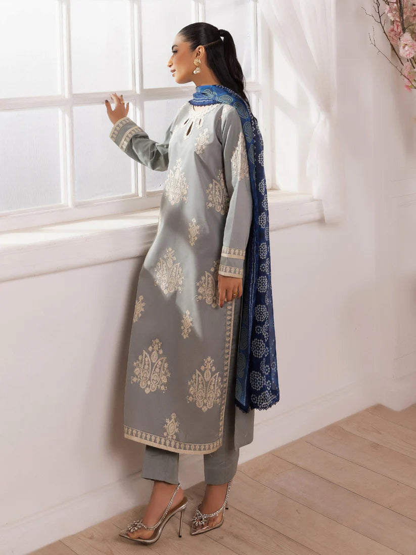 RARE-3PC LAWN EMBROIDERED SHIRT WITH MONARK PRINTED DUPATTA AND TROUSER-3741