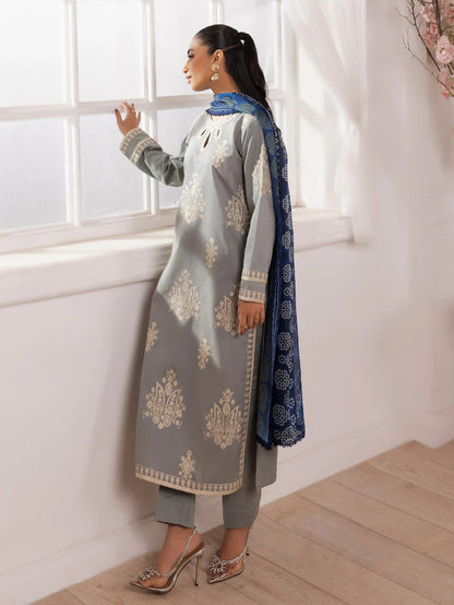 RARE-3PC LAWN EMBROIDERED SHIRT WITH MONARK PRINTED DUPATTA AND TROUSER-3741