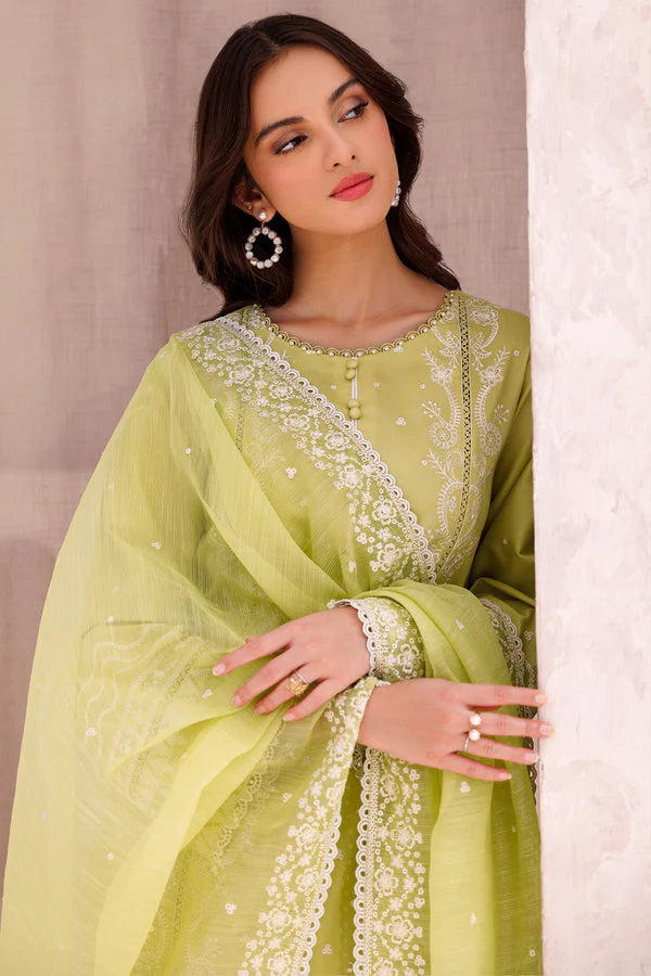 RARE-3PC LAWN EMBROIDERED SHIRT WITH ORGANZA EMBROIDERED DUPATTA AND LAWN TROUSER-3697