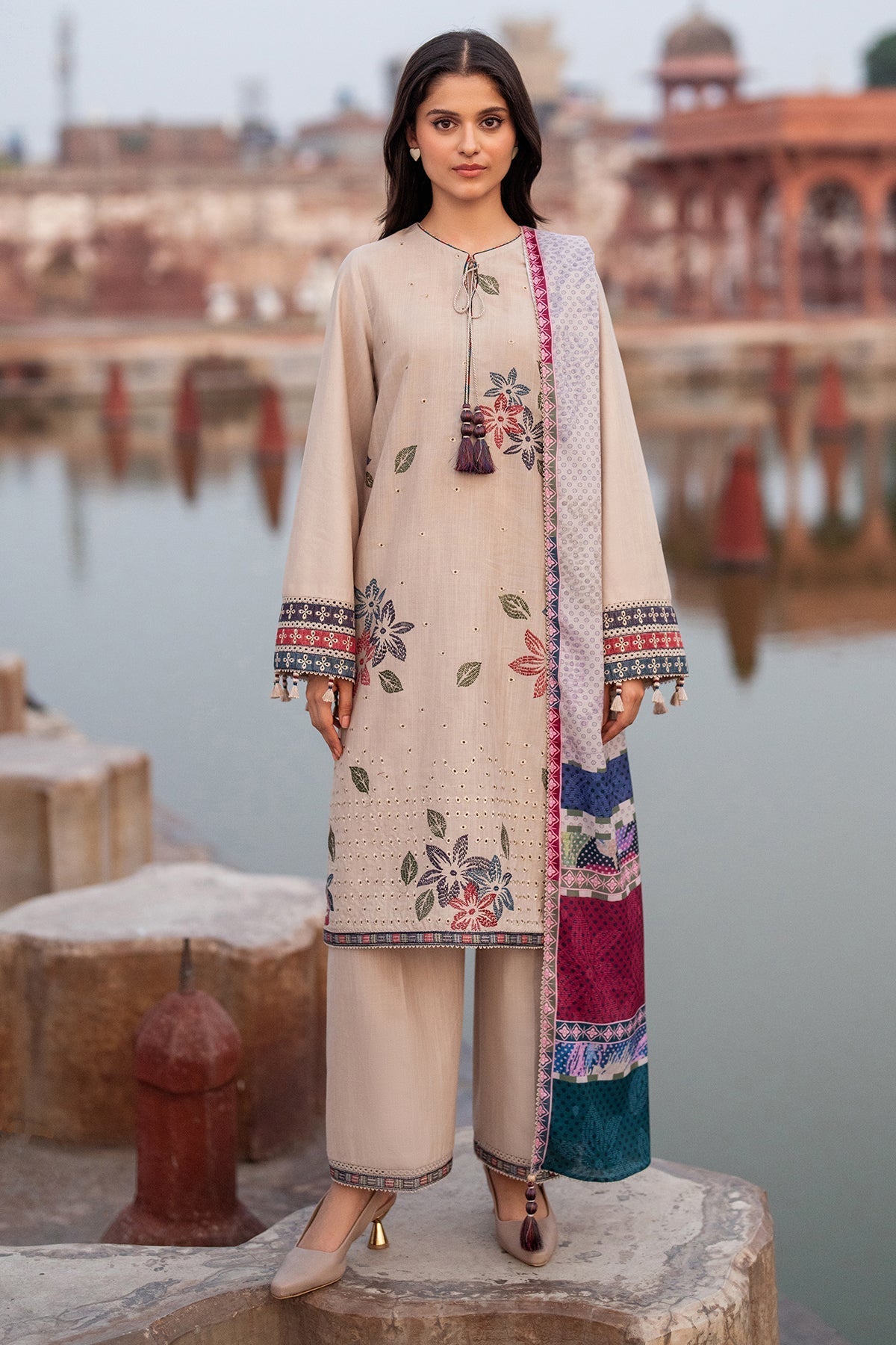 RARE-3PC LAWN EMBROIDERED SHIRT WITH MONARK PRINTED DUPATTA AND TROUSER-3631