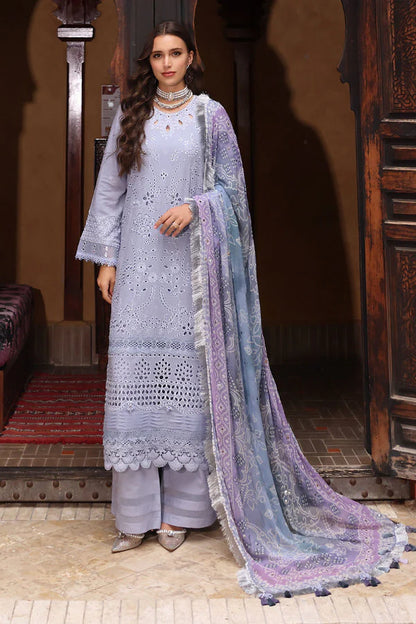 RARE-3PC LAWN CHIKANKARI EMBROIDERED SHIRT WITH MONARK PRINTED DUPATTA AND EMB TRPUSER-3709