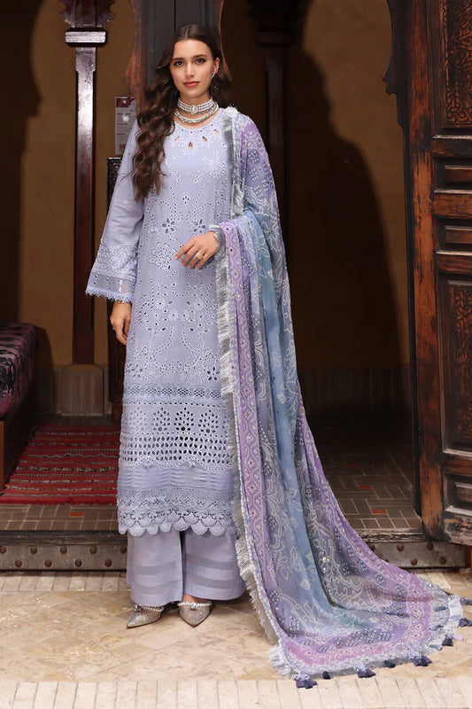 RARE-3PC LAWN CHIKANKARI EMBROIDERED SHIRT WITH MONARK PRINTED DUPATTA AND EMB TRPUSER-3709