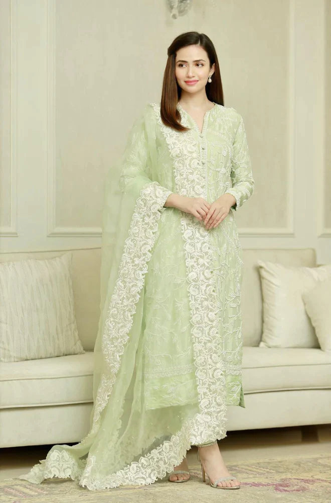 RARE- 3PC LAWN EMBROIDERED SHIRT WITH ORGANZA EMBROIDERED DUPATTA & TROUSER-3632