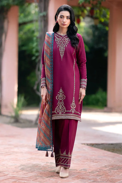 RARE- 3PC DHANAK EMBROIDERED SHIRT WITH WOOL PRINTED SHAWL & TROUSER -3396