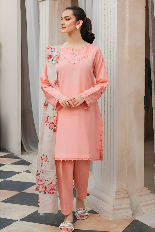 RARE-3PC LAWN EMBROIDERED SHIRT WITH MONARK PTRINTED DUPATTA & TROUSER-3503