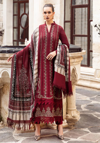 RARE- 3PC DHANAK EMBROIDERED SHIRT WITH COUTURE WOOL PRINT SHAWL AND DHANAK TROUSER-3110