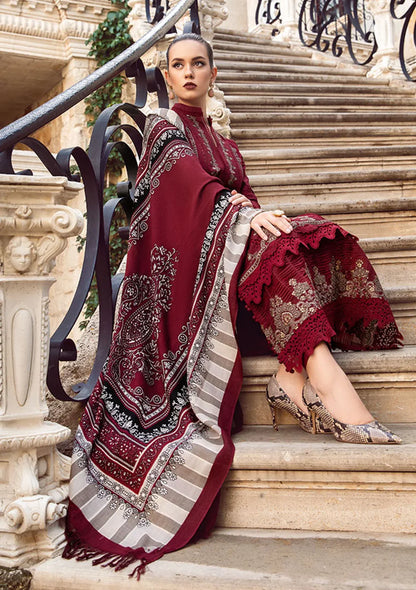 RARE- 3PC DHANAK EMBROIDERED SHIRT WITH COUTURE WOOL PRINT SHAWL AND DHANAK TROUSER-3110