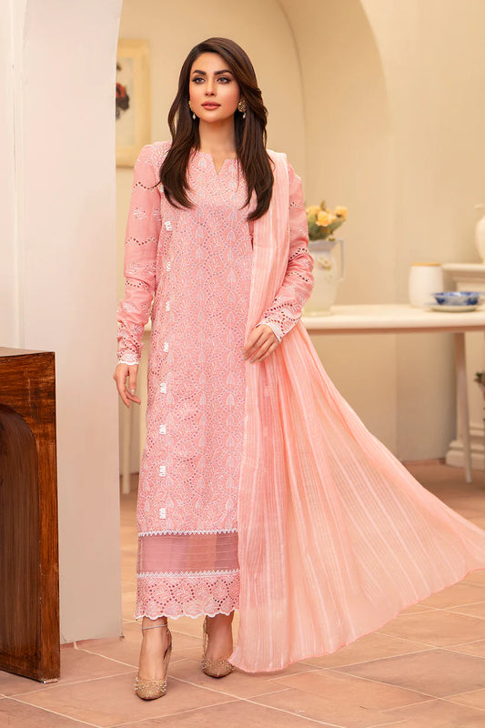 RARE-3PC LAWN CHIKENKARI EMBROIDERED SHIRT WITH LAWN TUBE SLUB DUPATTA-