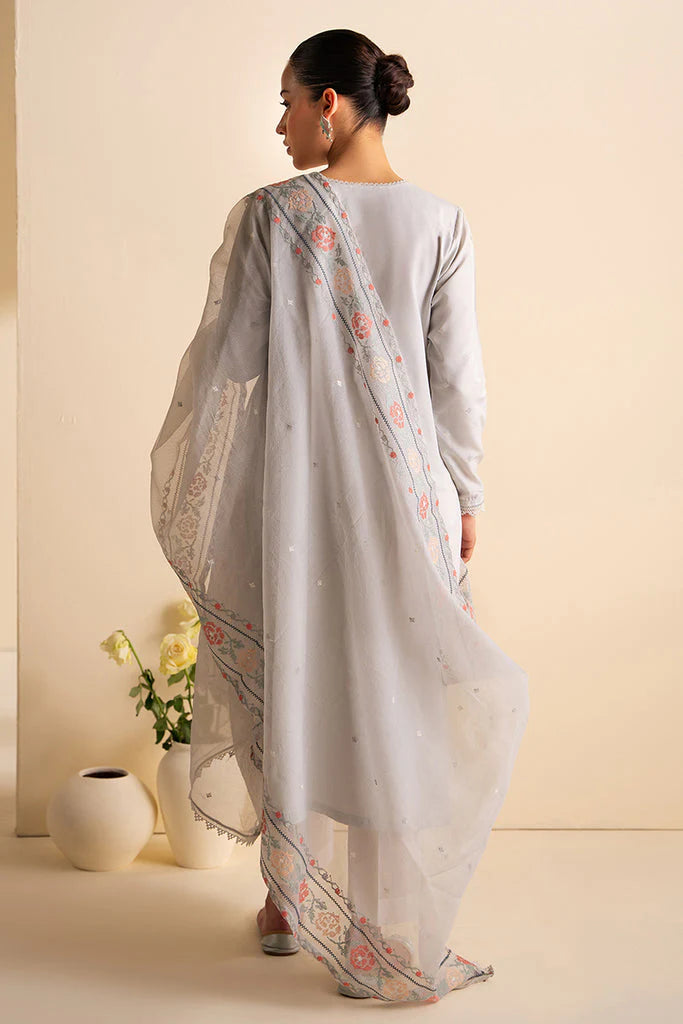 RARE-3PC DHANAK EMBROIDERED SHIRT WITH ORGANZA EMBROIDRED DUPATTA AND TROUSER-3205